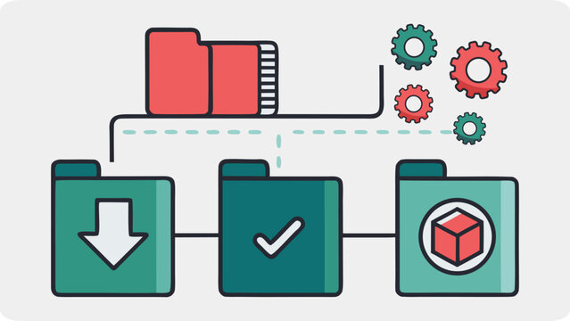 Network directory folders with gears, download arrow, and data box symbol. Ideal vector illustration for cloud computing storage, software installation, and backup database.