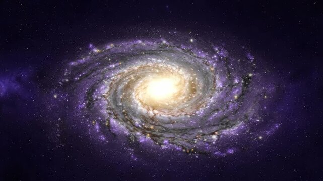 A stunning deep space 3D animation of a glowing spiral galaxy filled with billions of stars and cosmic dust spinning smoothly in a seamless loop. Ideal as a high-density asset for astronomy documentar