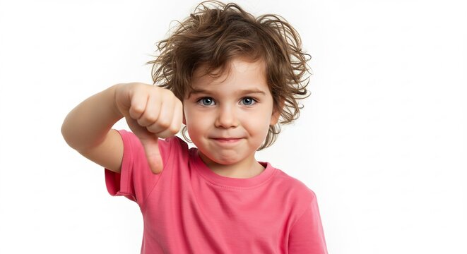 Brightly lit scene of a young child showing a clear thumbs down expressing disagreement with a simple gesture. AI Generated