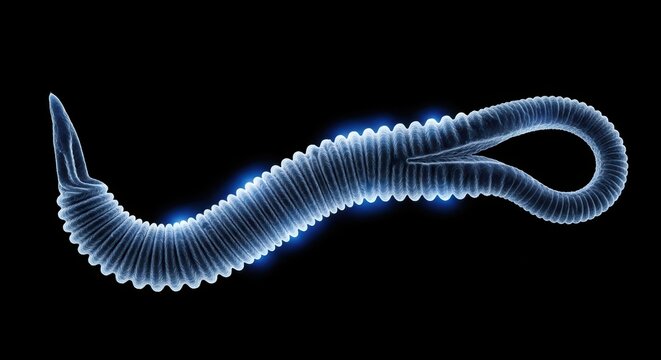 Microscopic Illustration Of A Segmented Parasitic Worm Featuring Detailed Anatomy And Glowing Biological Texture Against Dark Backdrop