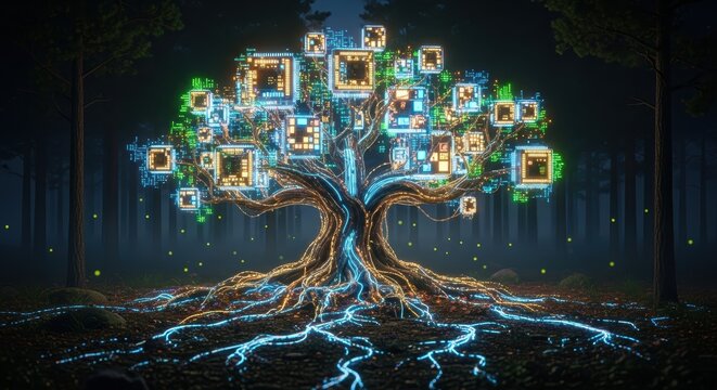 Digital Data Architecture Representing A Glowing Neural Network Tree With Interconnected Information Nodes Radiating Energy In A Dark Forest