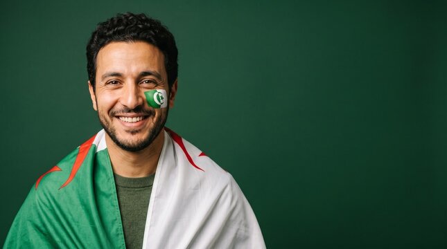 Happy Algerian man with national flag painted on cheek and draped over shoulders