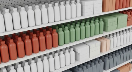 Fototapeta premium Retail store shelves stocked with rows of organized colorful plastic bottles and cosmetic containers for modern beauty product inventory