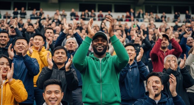 A diverse crowd of enthusiastic sports fans clapping and cheering in stadium stands during a thrilling match with happy spectators enjoying