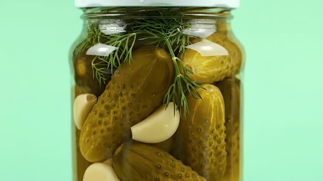 Close up of a glass jar filled with preserved pickles dill and garlic cloves on a light green background studio lighting