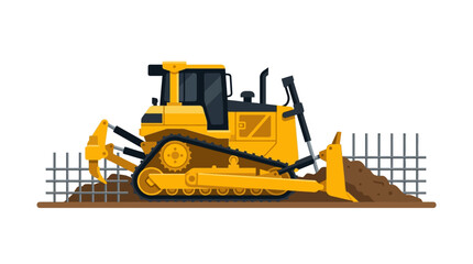 Fototapeta premium Heavy Duty Bulldozer Illustration featuring a yellow crawler tractor on dirt with metal rebar, ideal for construction industry presentations and perfect for civil engineering materials.