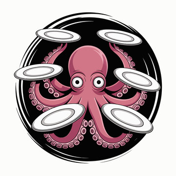 Pink octopus with flying saucers.