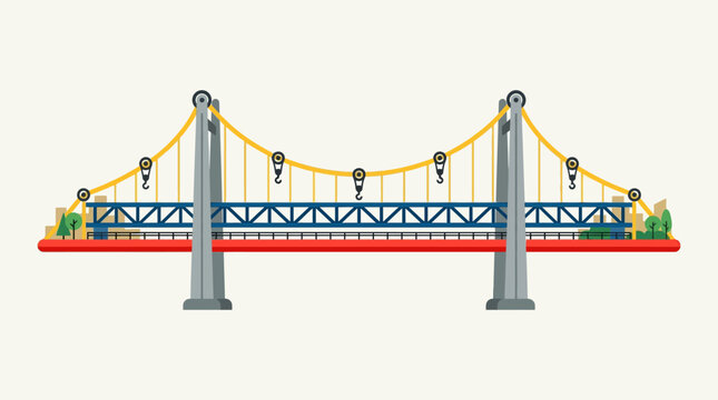 Modern Suspension Bridge Illustration featuring yellow cables and industrial pulley hooks in flat design style ideal for engineering presentations and urban development concepts.