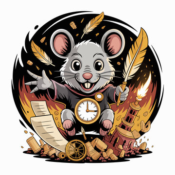 Cartoon mouse with clock and quill.