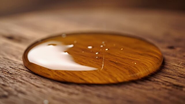 Viscous golden honey dripping onto a textured wooden surface creating a glossy puddle with reflections