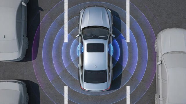 An aerial view shows a silver vehicle using advanced sensor technology for parking assistance.