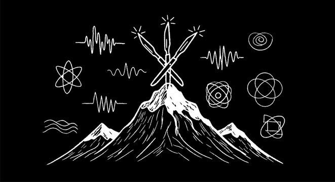 Mystical mountain illustration with scientific and esoteric symbols.
