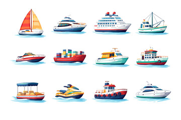 A collection of twelve diverse watercraft, including sailboats, yachts, cruise ships, cargo vessels, speedboats, jet skis, and pontoons, depicted in a vibrant, illustrative style. © Tukujajan