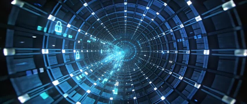 Futuristic tunnel abstract technology cyber security data protection network digital grid virtual reality high speed blue light motion blur sci fi background secure connection encryption firewall