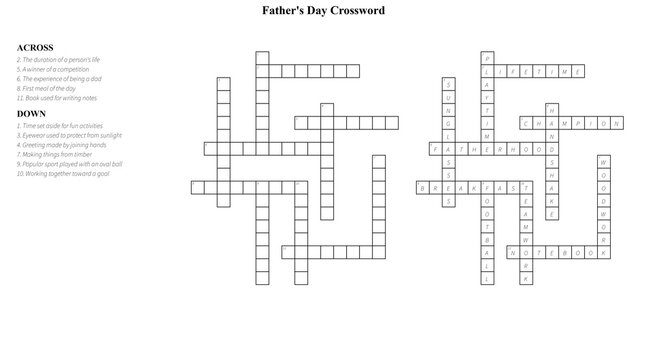 Father's Day crossword puzzle template with clues and grid  