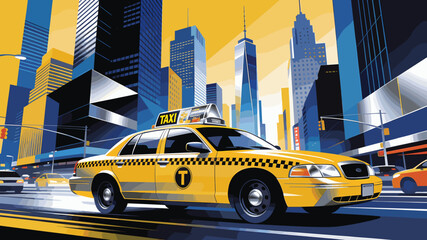 A vibrant illustration of a yellow New York City taxi driving through a stylized urban landscape with towering skyscrapers. © Tukujajan