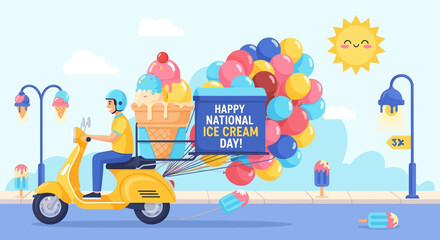 Happy National Ice Cream Day Delivery Scooter with Balloons & Sundae © udin