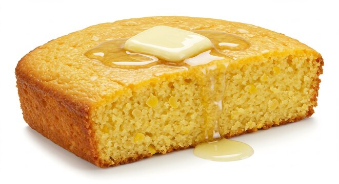Vibrantly lit golden cornbread slice shows rich texture warm melting butter and sweet honey flowing down. AI Generated