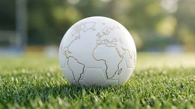 White leather soccer ball with gold world map design on green grass field. International football championship concept. Global sport competition and unity in sports event tournament.