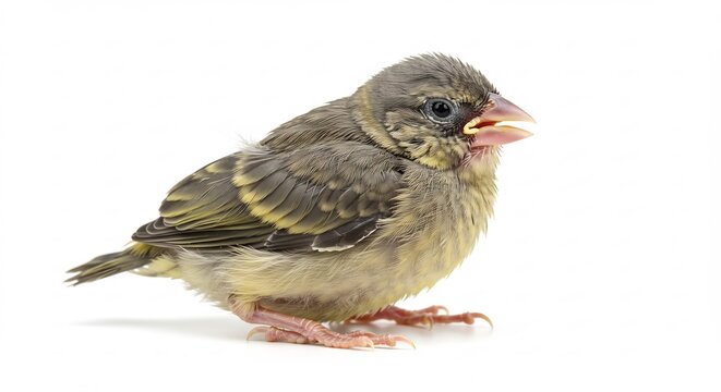 Tiny fluffy fledgling on crisp white background gently illuminated by soft studio light its beak eagerly open. AI Generated