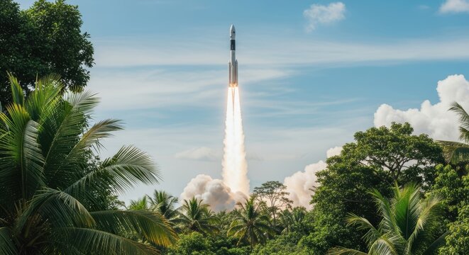 A rocket launches vertically into a bright blue sky amidst lush greenery and white clouds on a sunny day with tropical trees surrounding the blast.