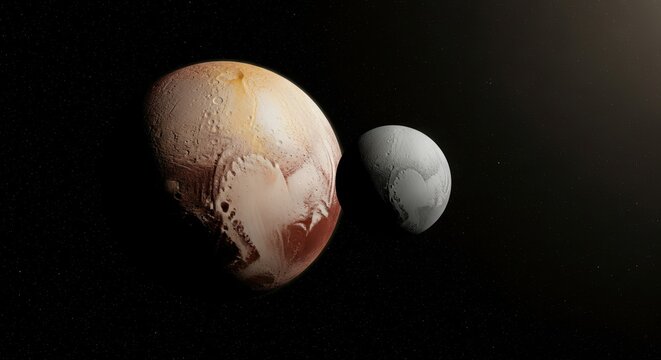Photorealistic ultra-detailed 8k photograph of Ura showcases two celestial bodies in space with realistic textures and lighting effects