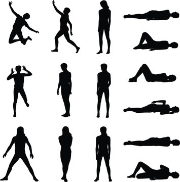WebHuman silhouette poses collection, standing walking jumping reclining figures, diverse body positions artwork, anatomy gesture vector design, motion reference art