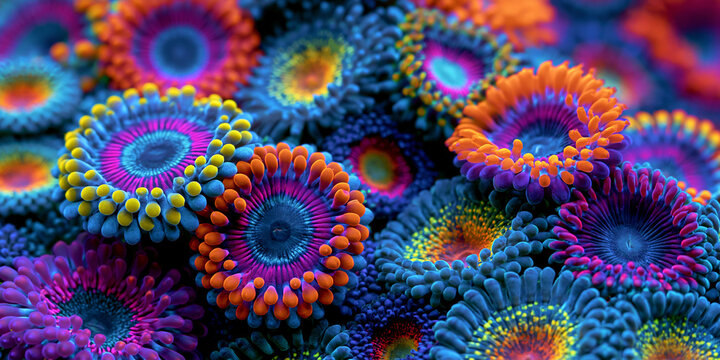 rainbow fluorescent zoanthid coral background