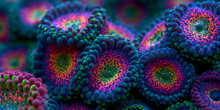 rainbow fluorescent zoanthid coral background
