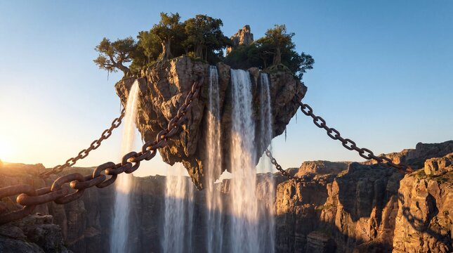 Fantasy floating island with waterfalls secured by giant chains