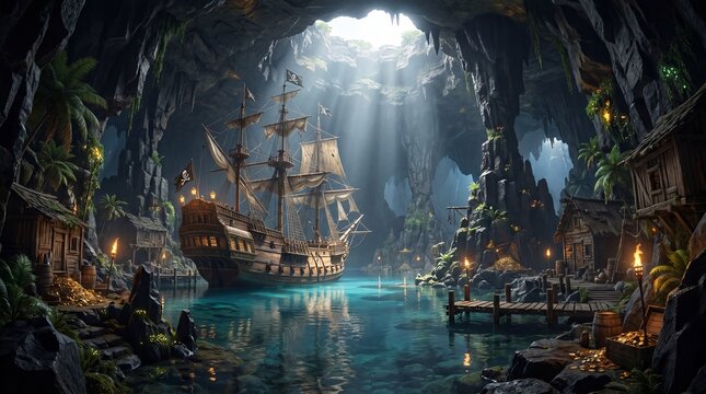 Pirate ship anchored in a hidden cavern with treasure