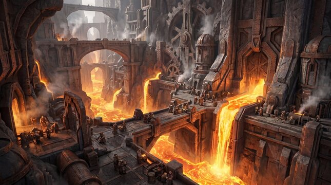 Epic fantasy underground foundry with molten lava waterfall