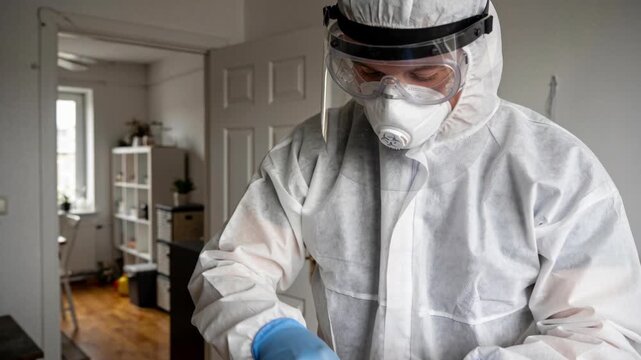 A scientist in a protective hazmat suit holds a dead brown rat by its tail in a residential setting.