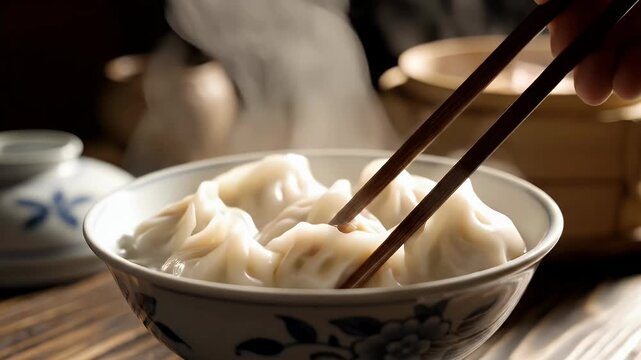 Steaming dumplings served in a delicate porcelain bowl