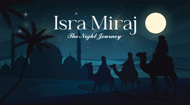 Silhouetted travelers on camels at night with mosque shapes in calm graphic style on a desert background, conveying a spiritual journey concept. Vector illustration