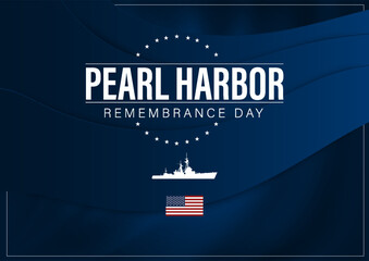 A navy warship silhouette and US flag on a dark blue wavy background in a clean graphic style, symbolizing memorial tribute and patriotism. Vector illustration © 100% HAND-CRAFTED