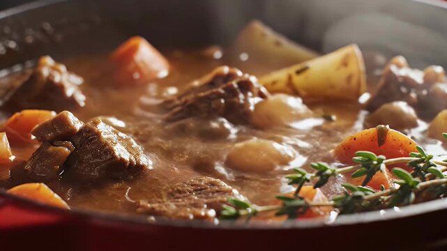 Steaming pot of hearty beef stew simmering slowly