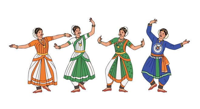 Group of four women performing traditional folk dance in colorful costumes on stage with joyful expressions