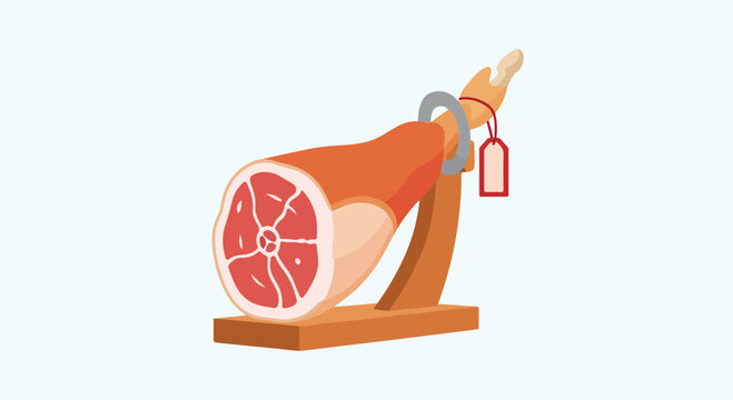 Freshly cut ham leg with a meat hook and wooden stand on a white background for butchery or culinary display