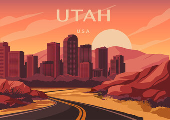 Fototapeta premium City skyline with distant mountains and winding road shown in stylized graphic art on a warm sunset background, conveying a travel concept. Vector illustration
