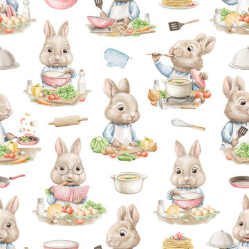 Seamless pattern set with easter Chef cook bunnies rabbits hares boys in clothes cooking variety of food in kitchen and tastes it. Watercolor hand drawn illustration sketch