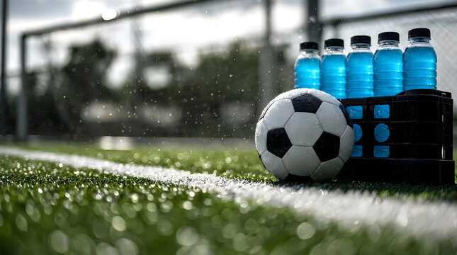 soccer ball sports drink water bottle plastic crate soccer field turf sideline hydration training