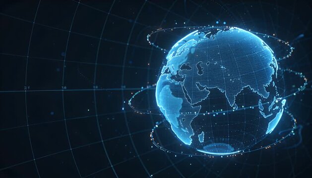 Futuristic holographic globe digital world map global network technology background planet earth data visualization blue light sci fi cyberspace virtual reality digital earth global network