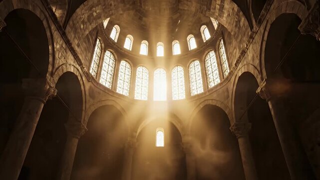 Sunlight streams through grand arched windows in ancient church interior