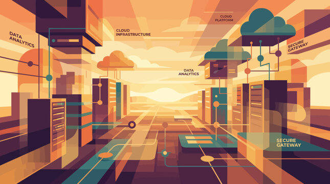 A futuristic cityscape at sunset showcases a network of interconnected clouds and data streams flowing through sleek skyscrapers and digital infrastructure.