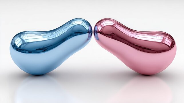 Two highly reflective, bean-shaped objects contrast in blue and pink colors upon a white surface.