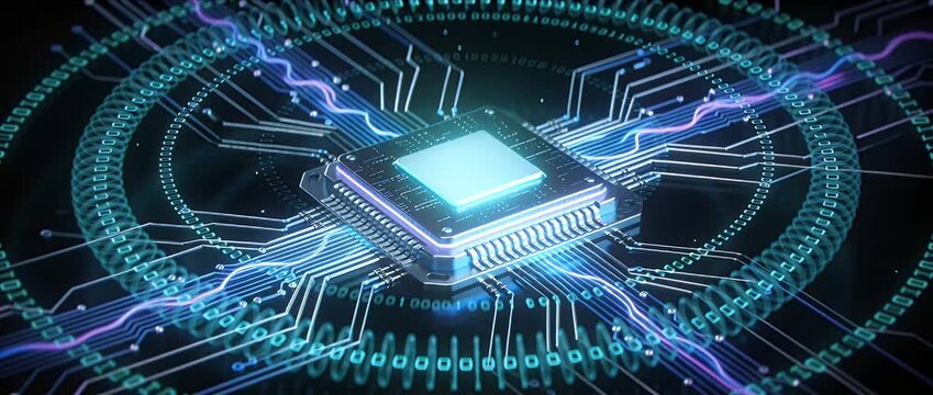 Futuristic microchip glowing circuit board technology concept digital processor cybersecurity data network magnify energy flow macro cyber circuit blue neon data flow dynamic innovation power