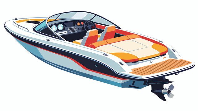 A sleek, modern white speed boat with orange and black accents, featuring a windshield, two-tone seats, and a visible outboard motor and propeller.