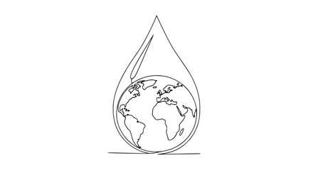Fototapeta premium Single Line Drawing of Earth Inside Water Drop, Global Conservation Concept