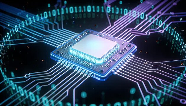 Futuristic chip processor circuit technology digital binary data security glowing core cyber network system macro detail abstract neon 3D render illustration high tech blue light binary code flow